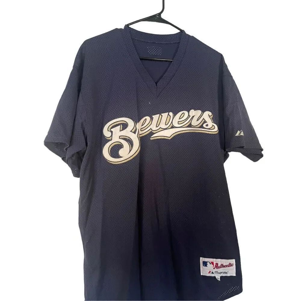 Majestic MLB Mens Blue Milwaukee Brewers Baseball Mesh Jersey Pullover Size 46